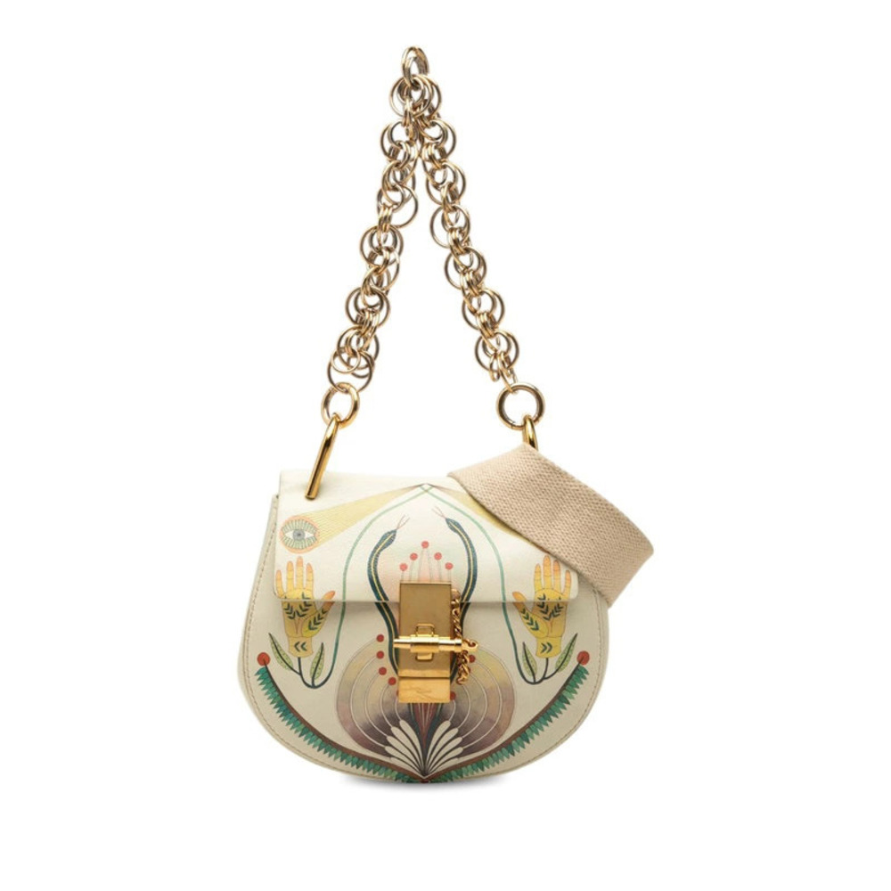 Chloe Drew Chain Handbag Shoulder Bag Beige Multicolor Leather Tan